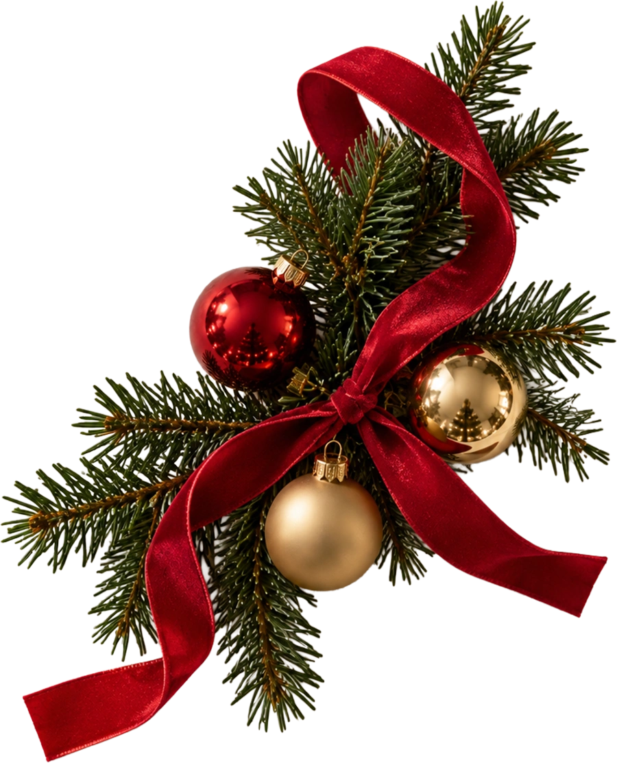 Dennentakken met een rood lint en drie kerstballen, rood en goud.