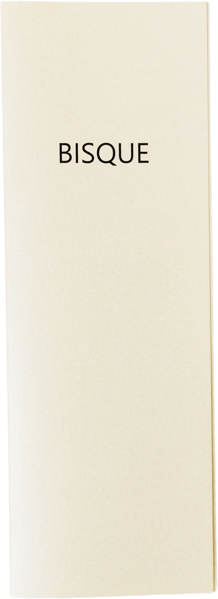 A closed menu card of cream-coloured board, with the name Bisque printed on it.