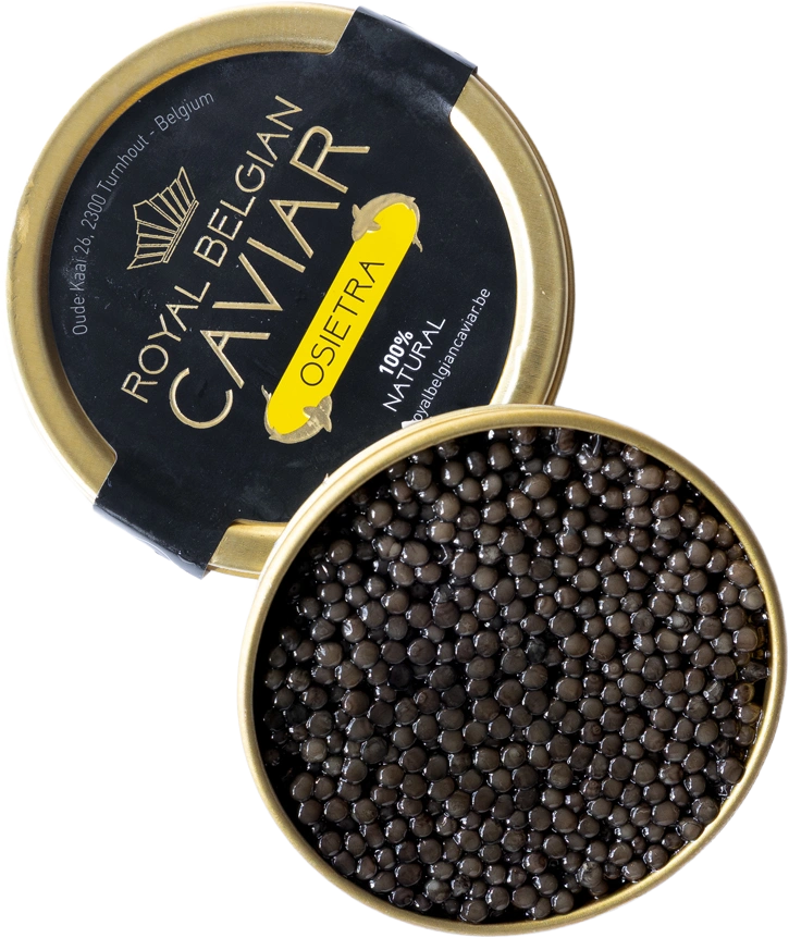 Geopend blik Royal Belgian Caviar Osietra met het deksel ernaast
