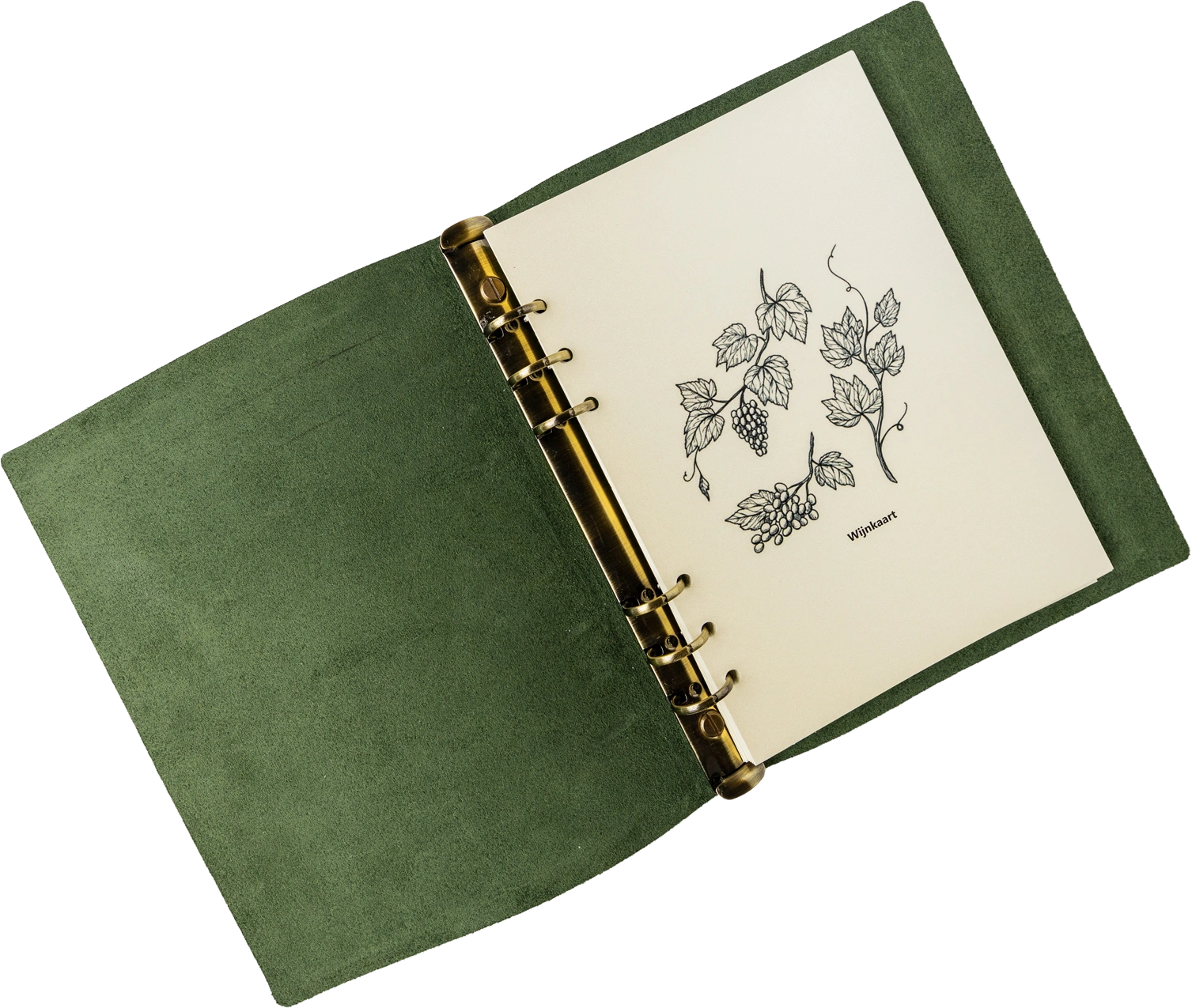Opengeslagen wijnkaart in groene suède ringband, titelpagina met pentekening van druivenranken.