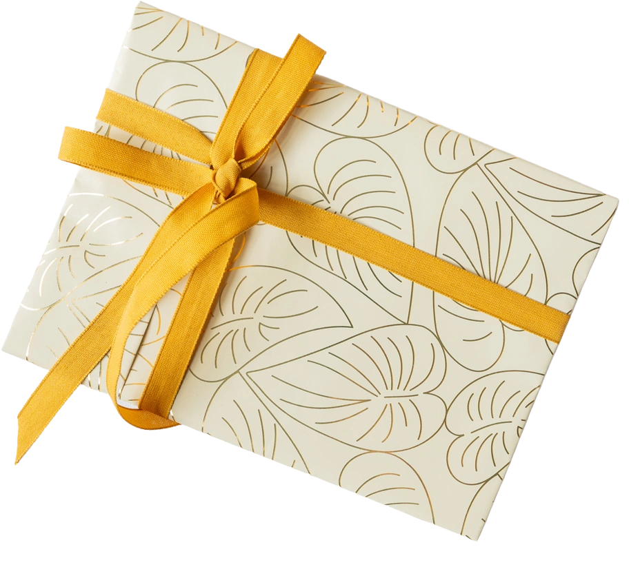 Plat cadeau in crèmekleurig papier met bladpatroon, dichtgebonden met okergeel lint.