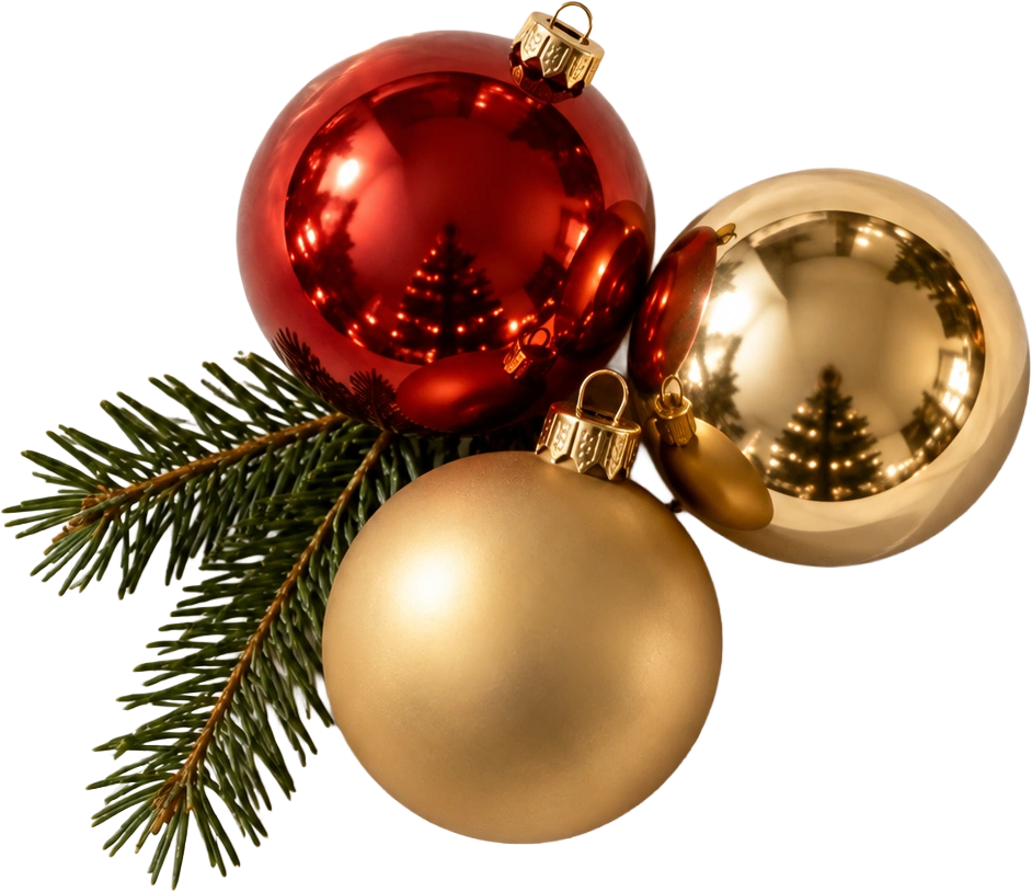 Rode en twee gouden kerstballen bij een sparrentak