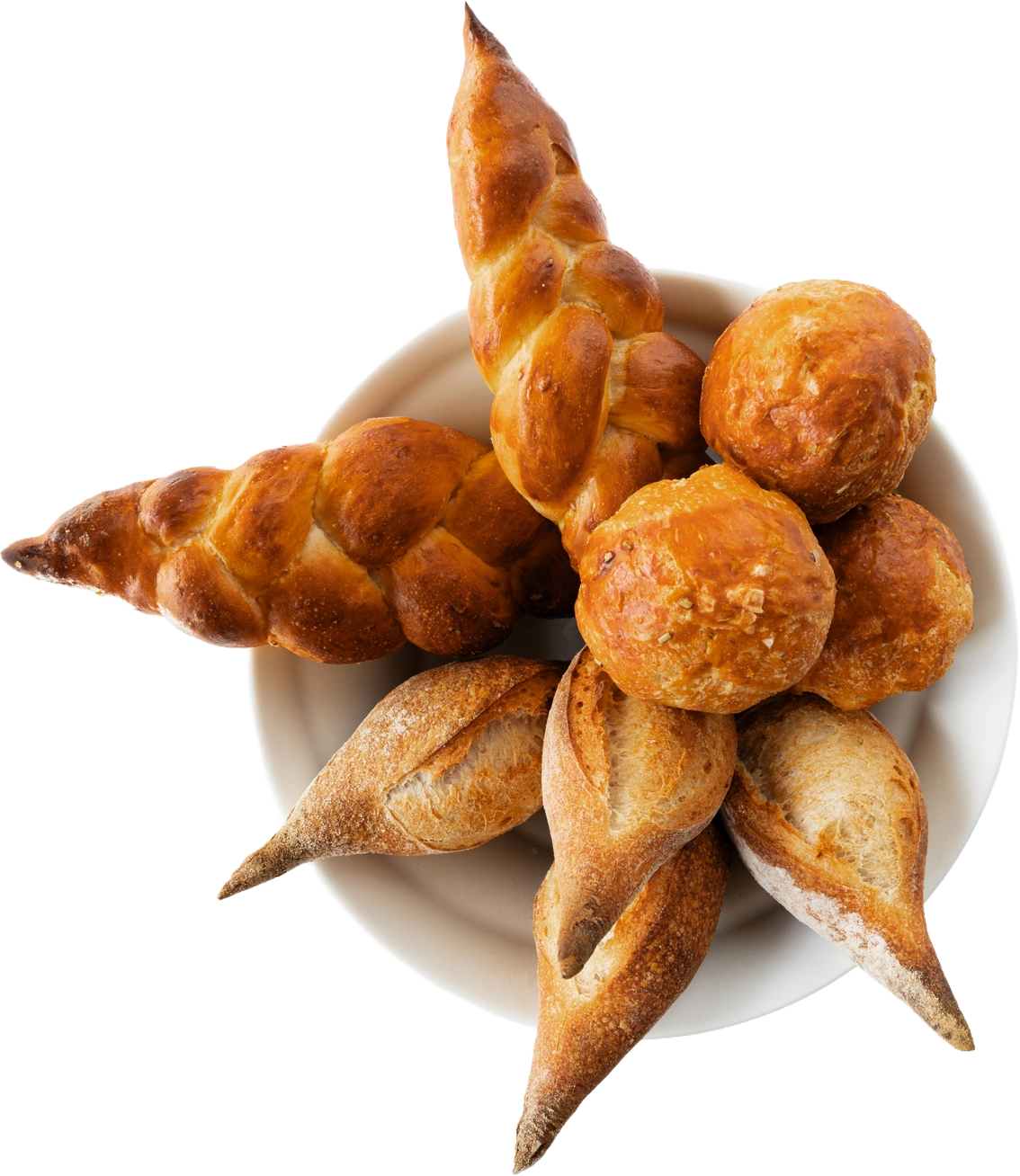 A tray of plaited rolls, round rolls and small pointed baguettes